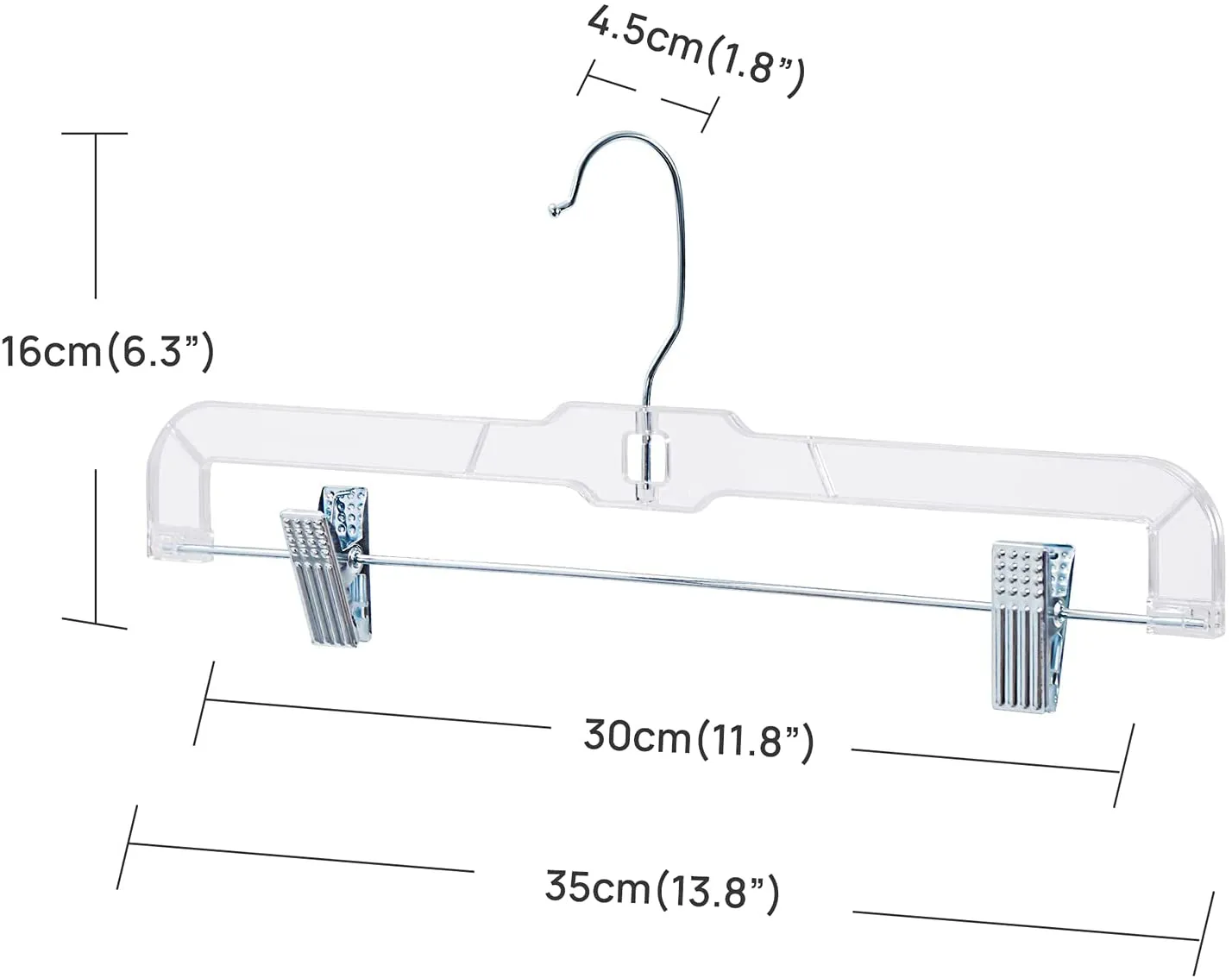 HOUSE DAY 12 Pack 14 inch Clear Plastic Skirt Hangers with Adjustable Clips, Pants Hangers 360-Rotating Swivel Hook, Clip Hangers for Pants, Trousers, Skirts, Jeans, Bulk Plastic Hangers