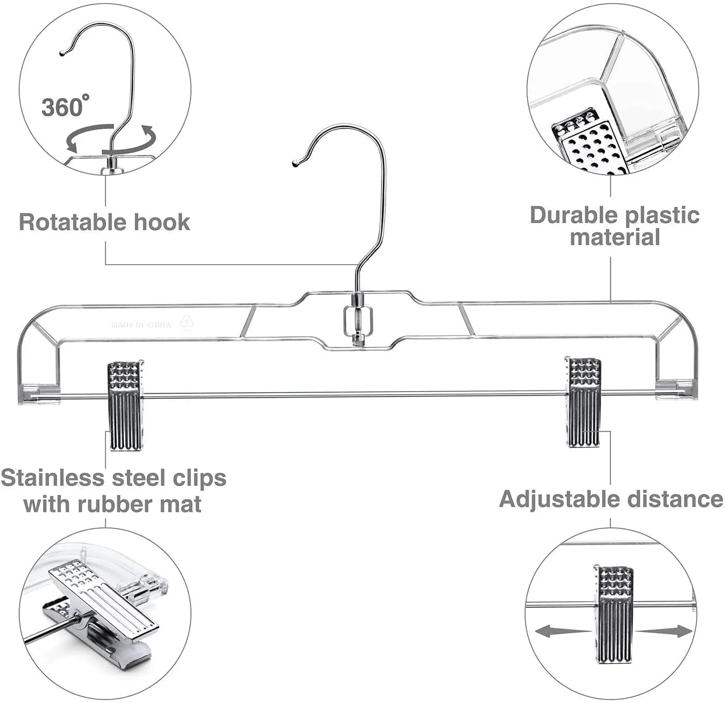 HOUSE DAY 12 Pack 14 inch Clear Plastic Skirt Hangers with Adjustable Clips, Pants Hangers 360-Rotating Swivel Hook, Clip Hangers for Pants, Trousers, Skirts, Jeans, Bulk Plastic Hangers