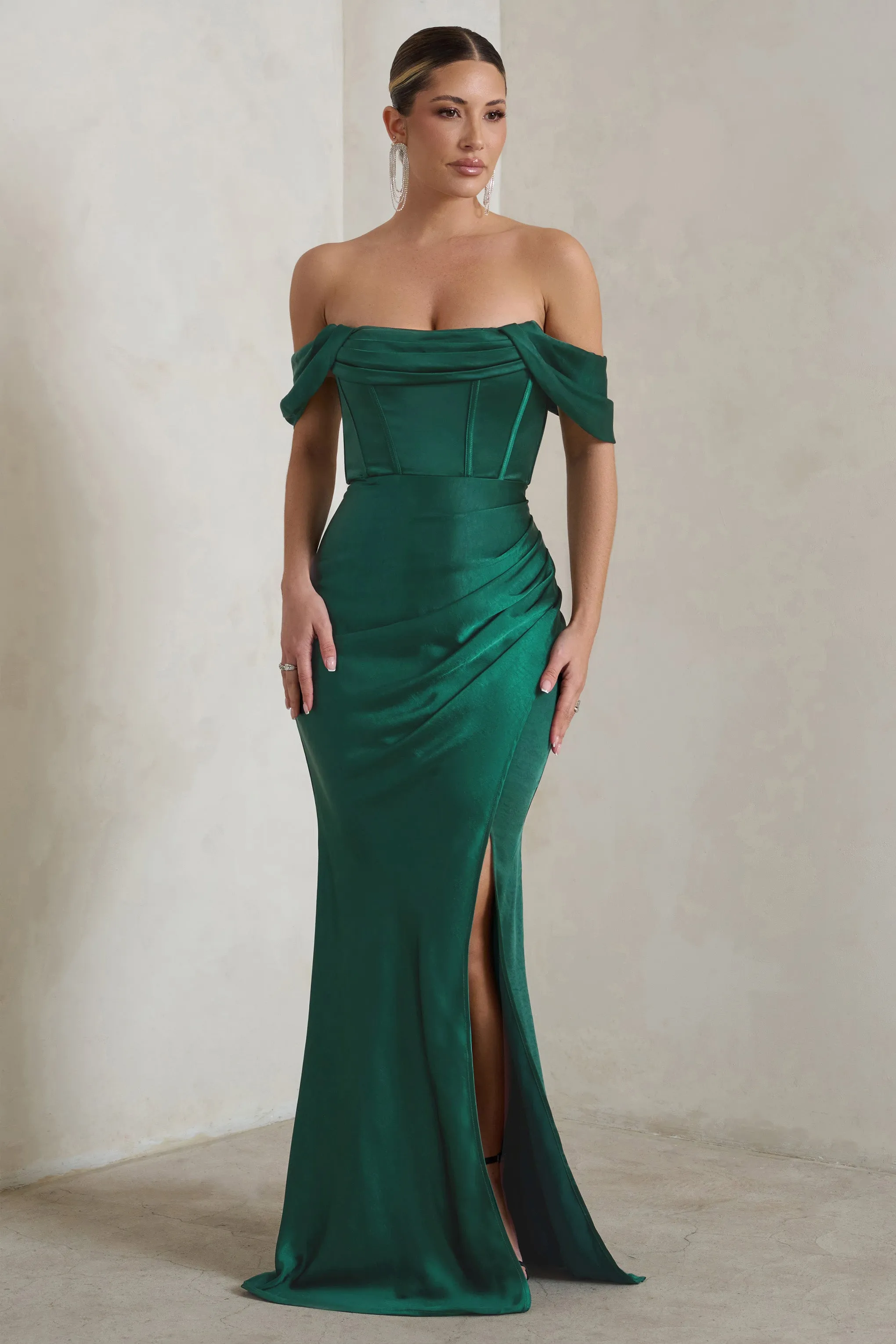 Kimberly | Bottle Green Bardot Fishtail Satin Maxi Dress