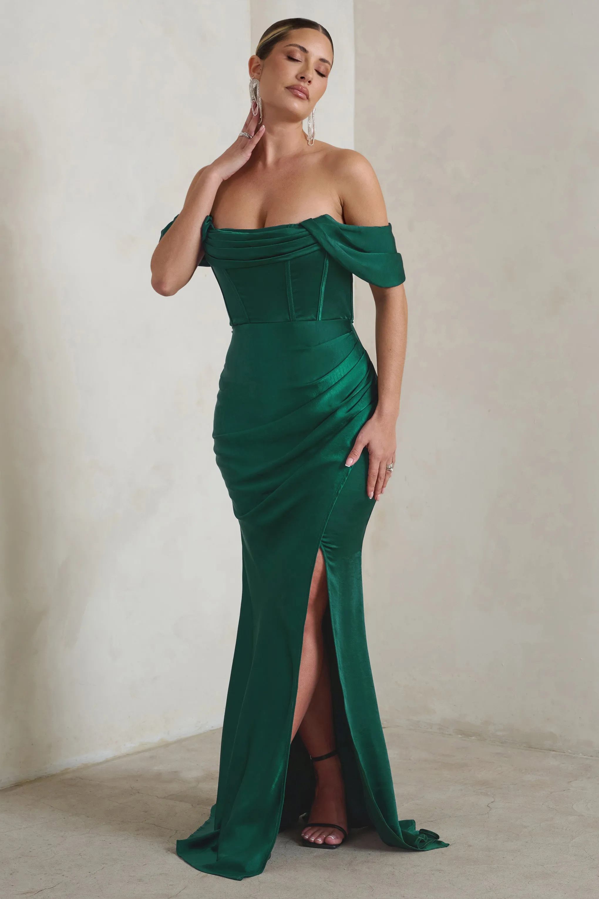 Kimberly | Bottle Green Bardot Fishtail Satin Maxi Dress