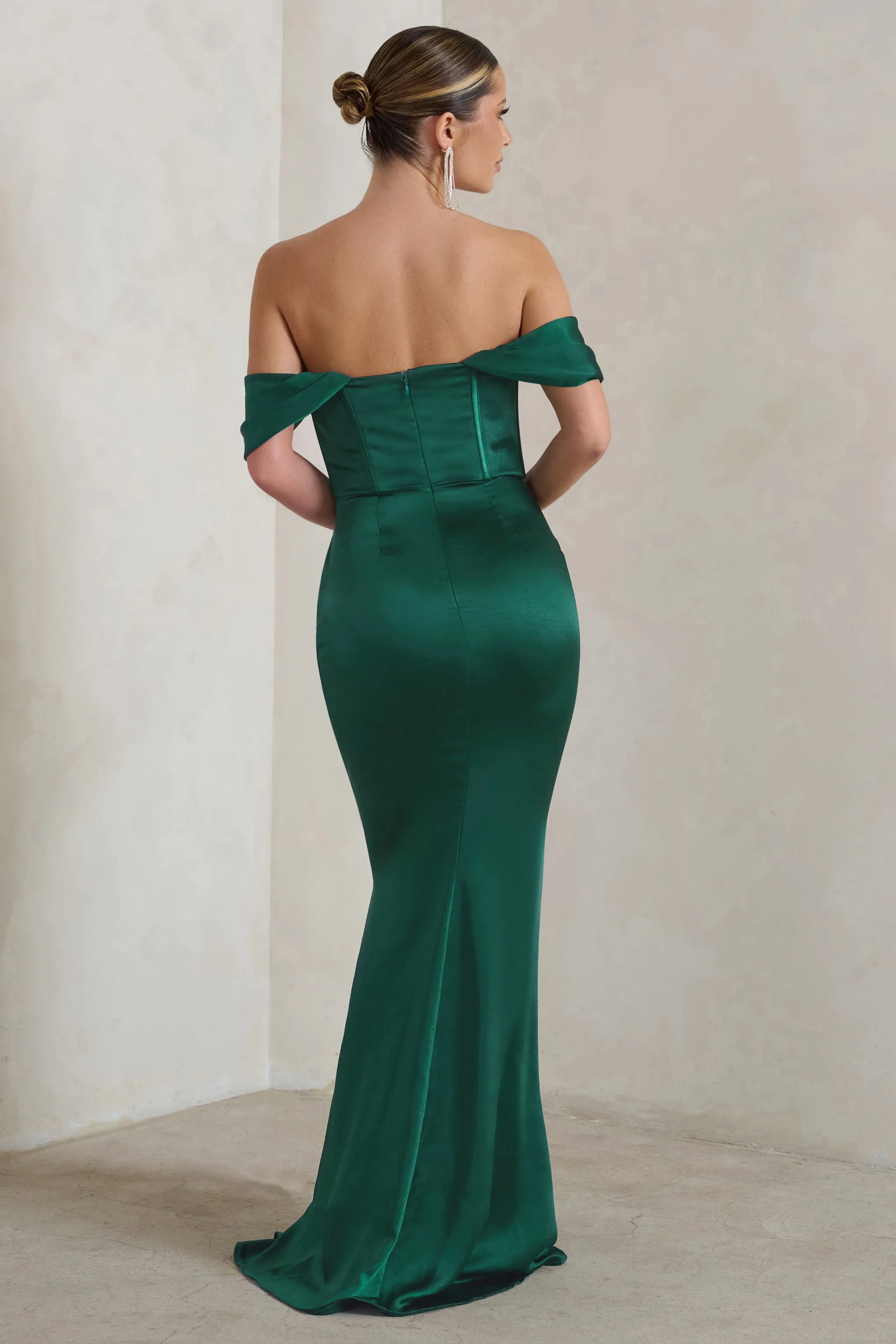 Kimberly | Bottle Green Bardot Fishtail Satin Maxi Dress