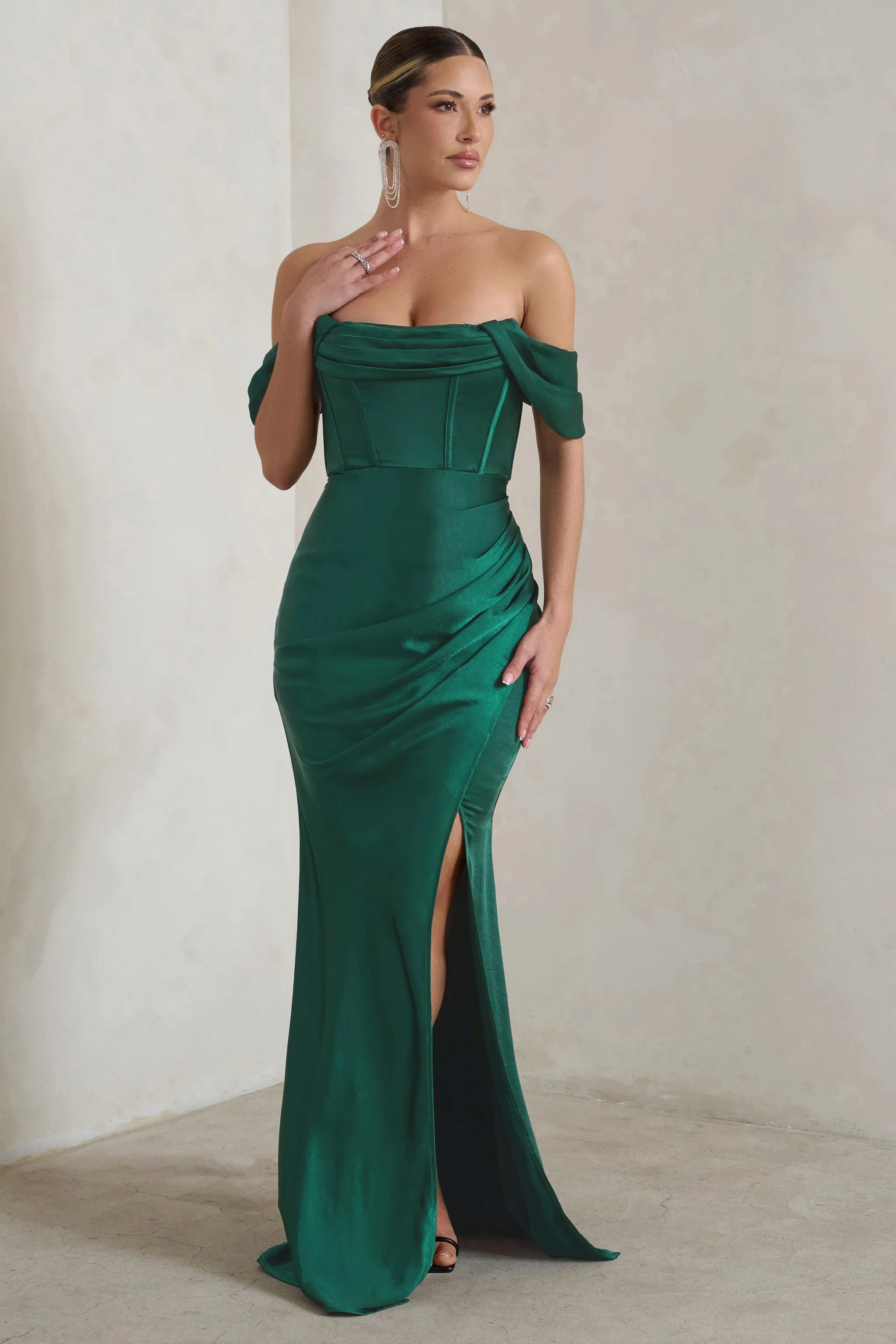 Kimberly | Bottle Green Bardot Fishtail Satin Maxi Dress