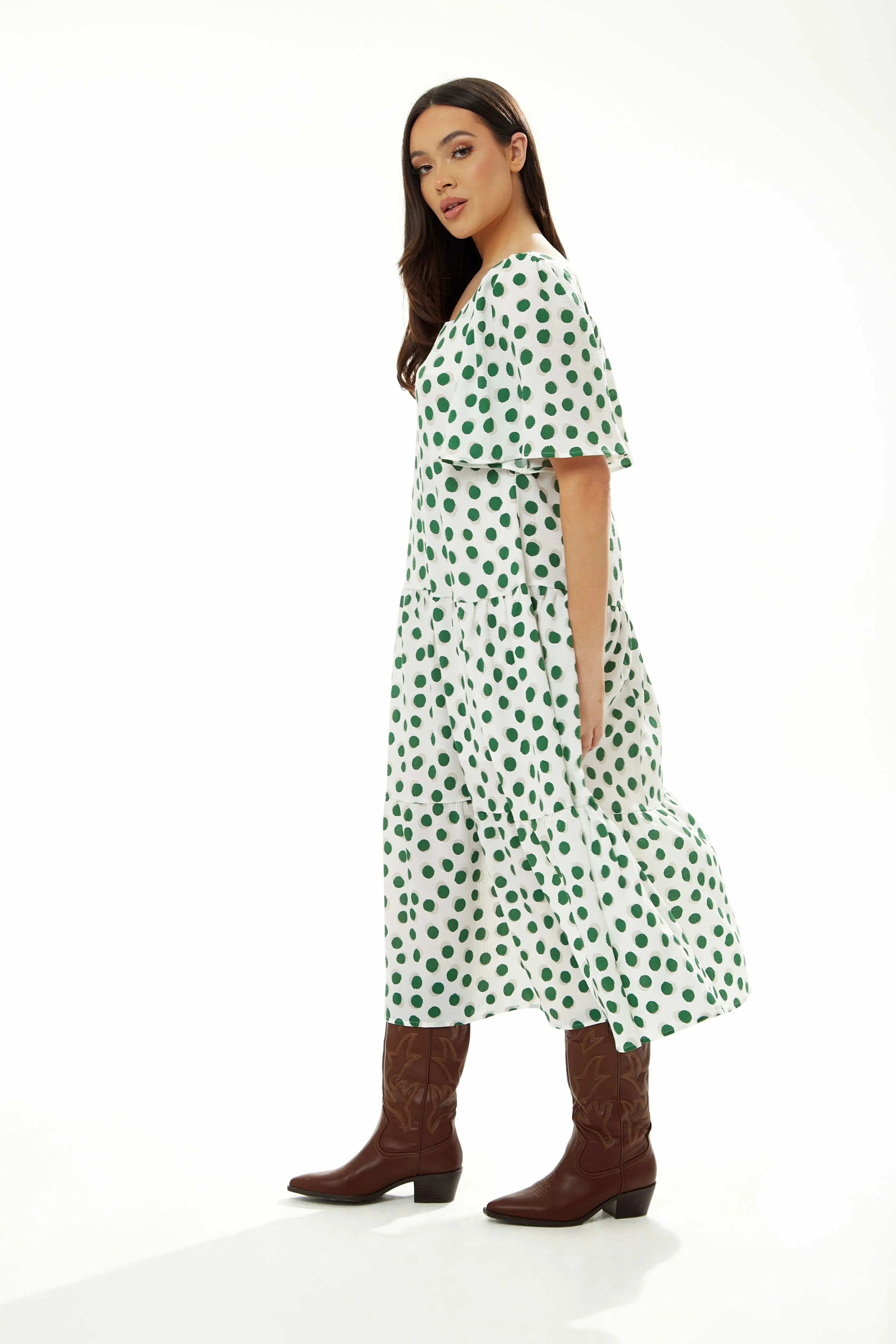 Liquorish A Line Midi Dress In Green Polka Dot