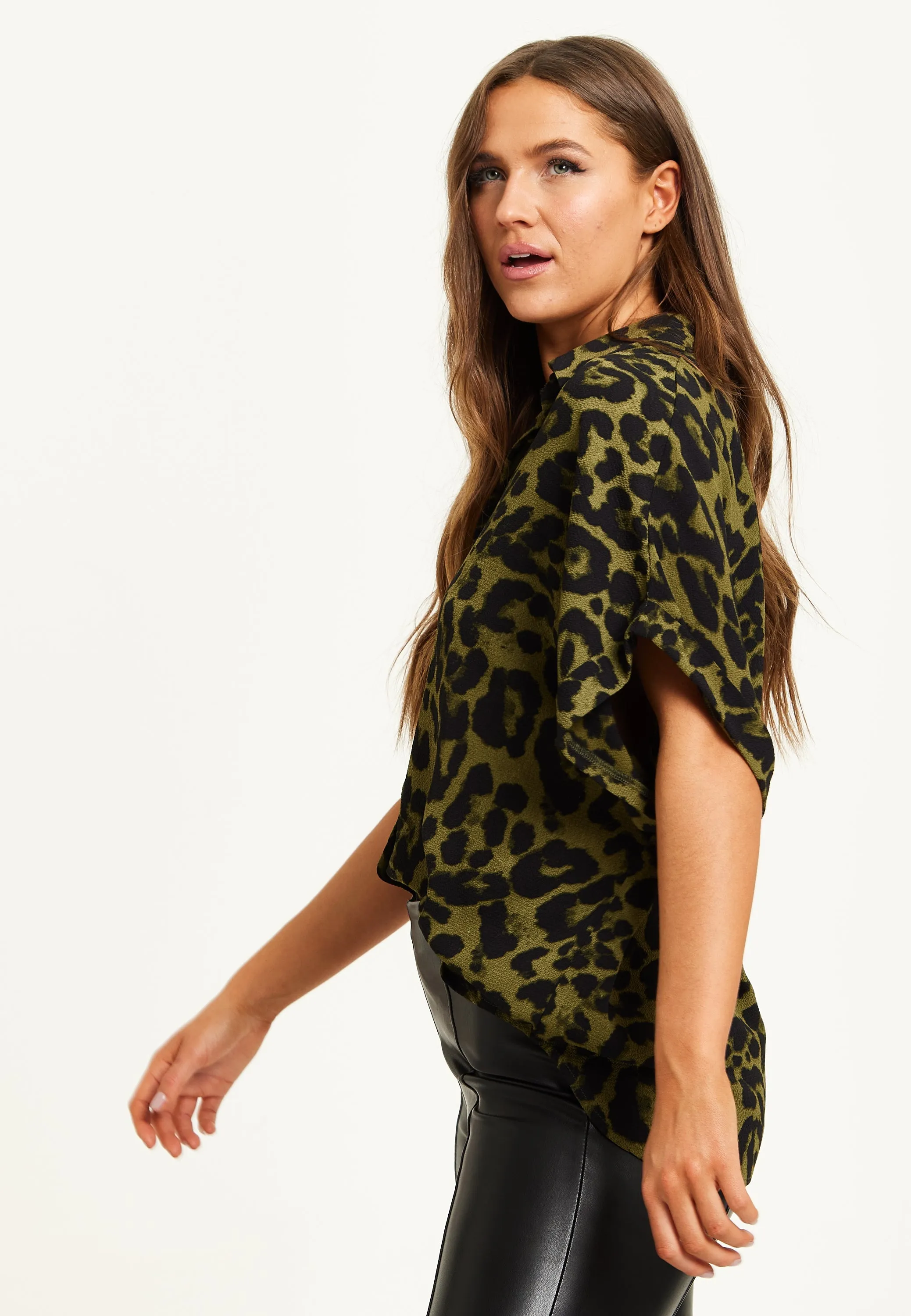 Liquorish Khaki Animal Print Shirt With Short Sleeves