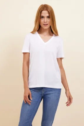 Majestic Lyocell Cotton Semi Relaxed Short Sleeve V-Neck in Blanc