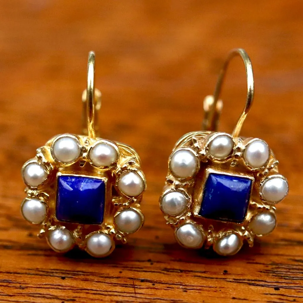 Mediterranean 14k Gold, Lapis and Pearl Earrings