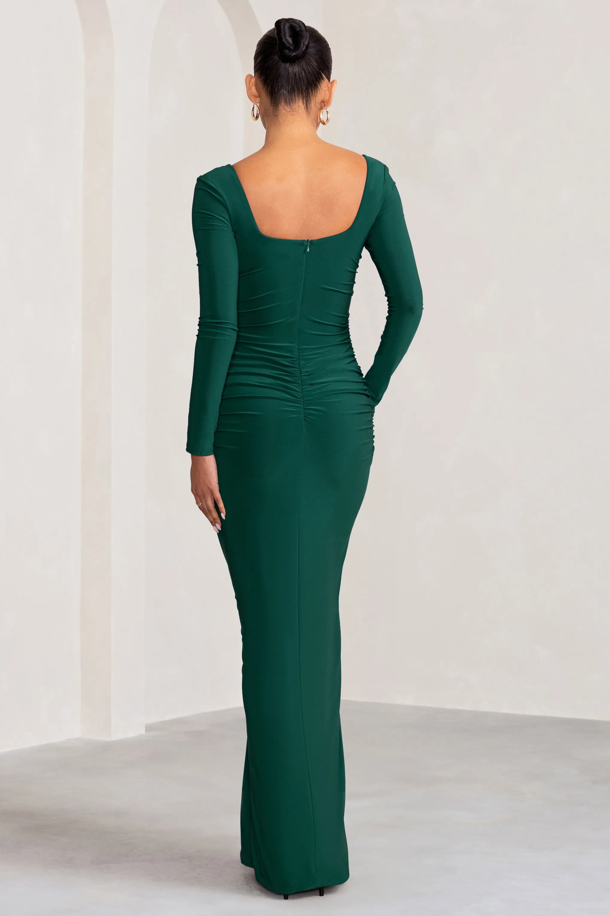 My Pleasure | Bottle Green Long Sleeve Square Neck Maternity Maxi Dress with Split