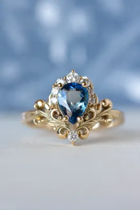 Natural blue sapphire engagement ring, baroque inspired gold ring with diamonds / Sophie