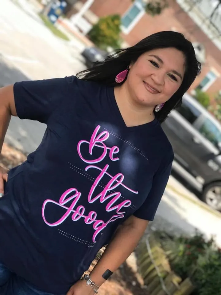 Navy {BE THE GOOD} Fuchsia Design V-Neck Tee