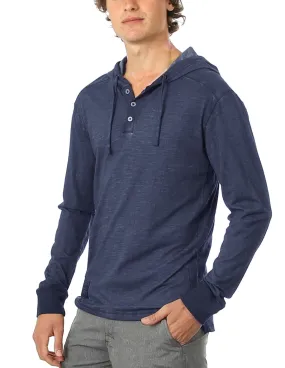 Navy Blue Long Sleeve Vintage Oil Wash Garment Dye Hooded Henley