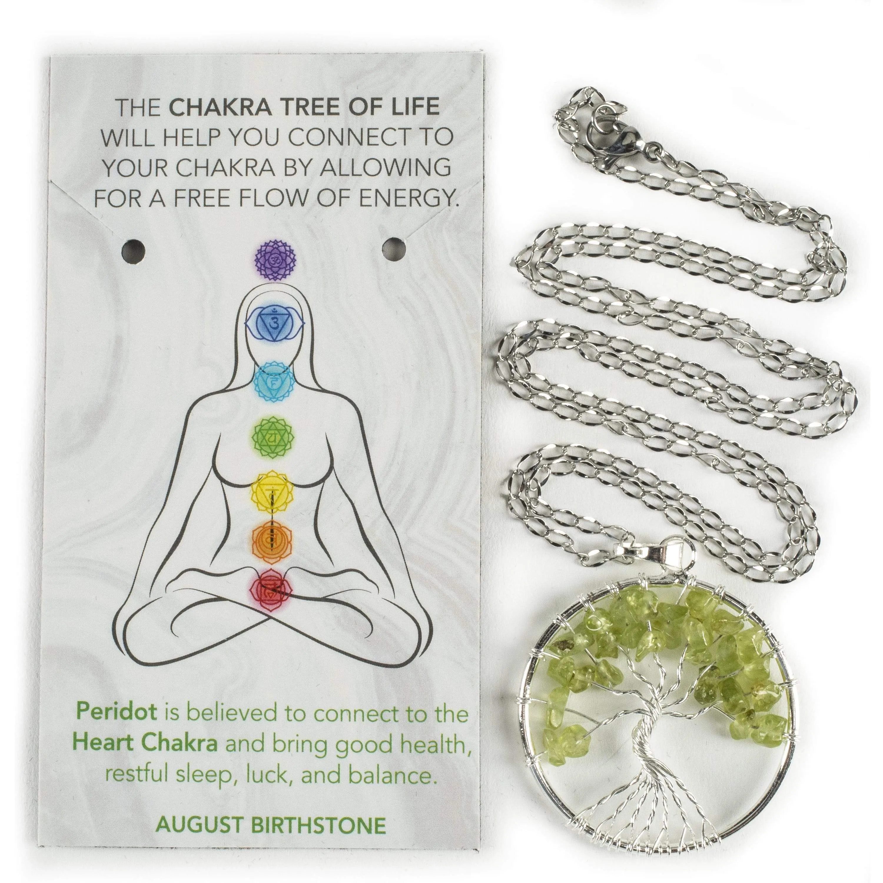 Peridot Chakra Gemstone Tree of Life Necklace & Stainless Steel Chain