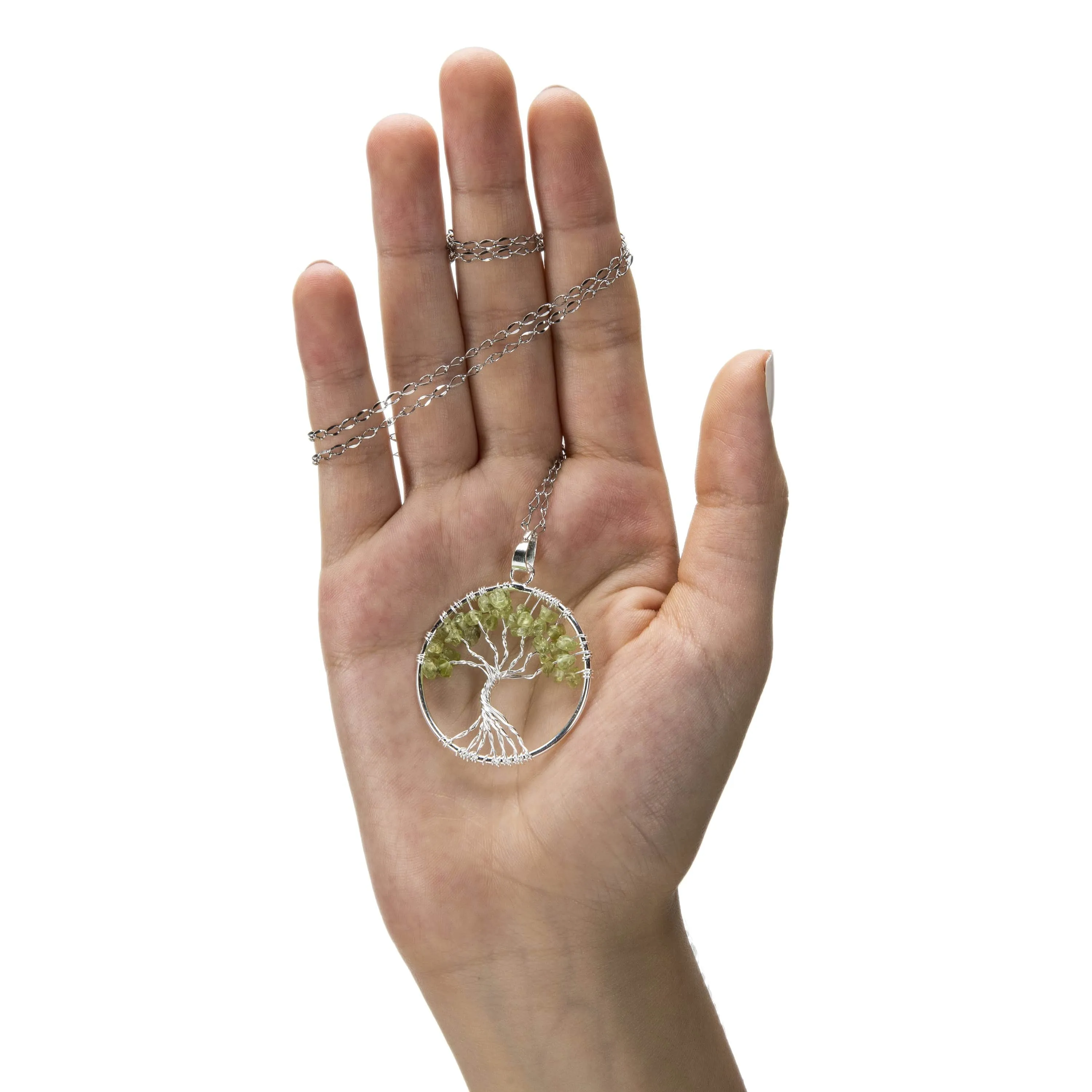 Peridot Chakra Gemstone Tree of Life Necklace & Stainless Steel Chain