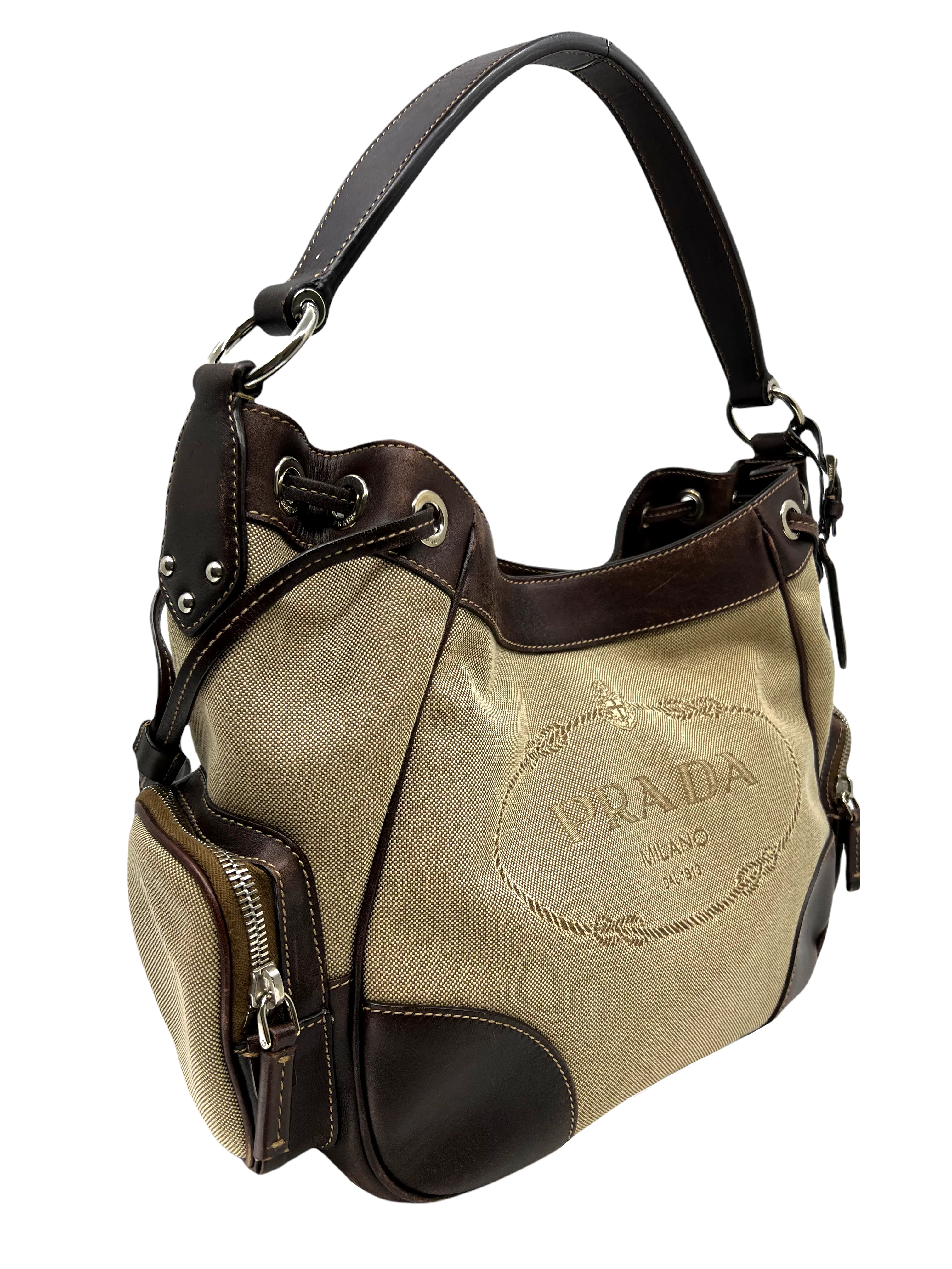 Prada Canapa Logo Side Pocket Hobo Bag