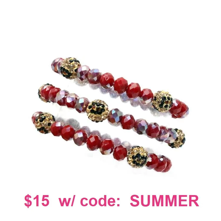 Red Metallic & Leopard Crystal 3 Bracelet Set