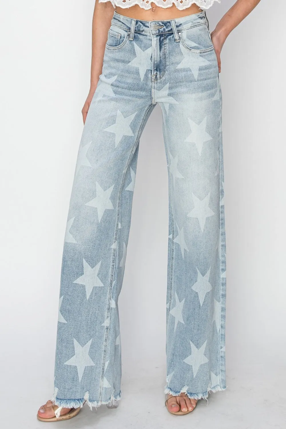 RISEN Plus Size Raw Hem Star Wide Leg Jeans