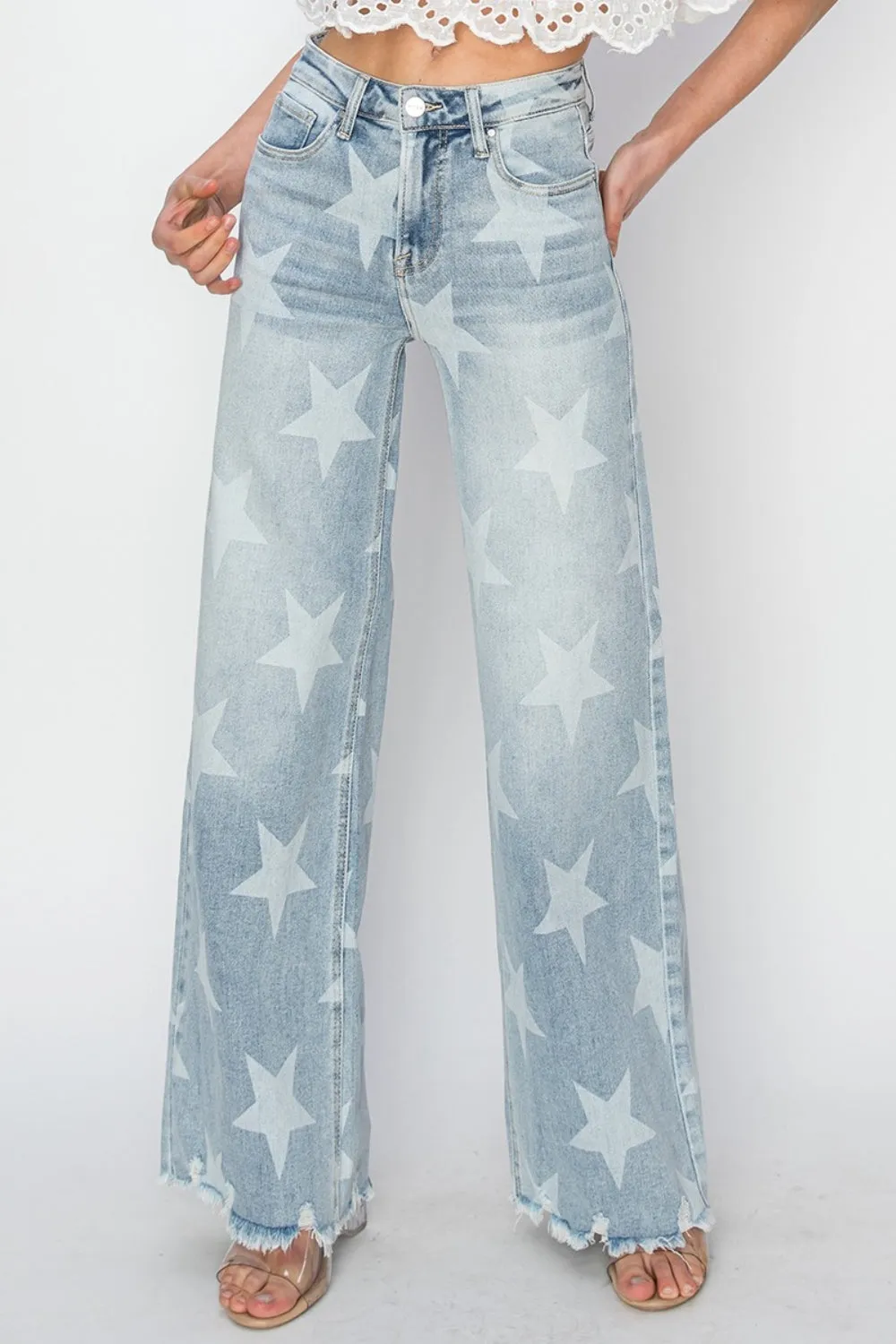 RISEN Plus Size Raw Hem Star Wide Leg Jeans