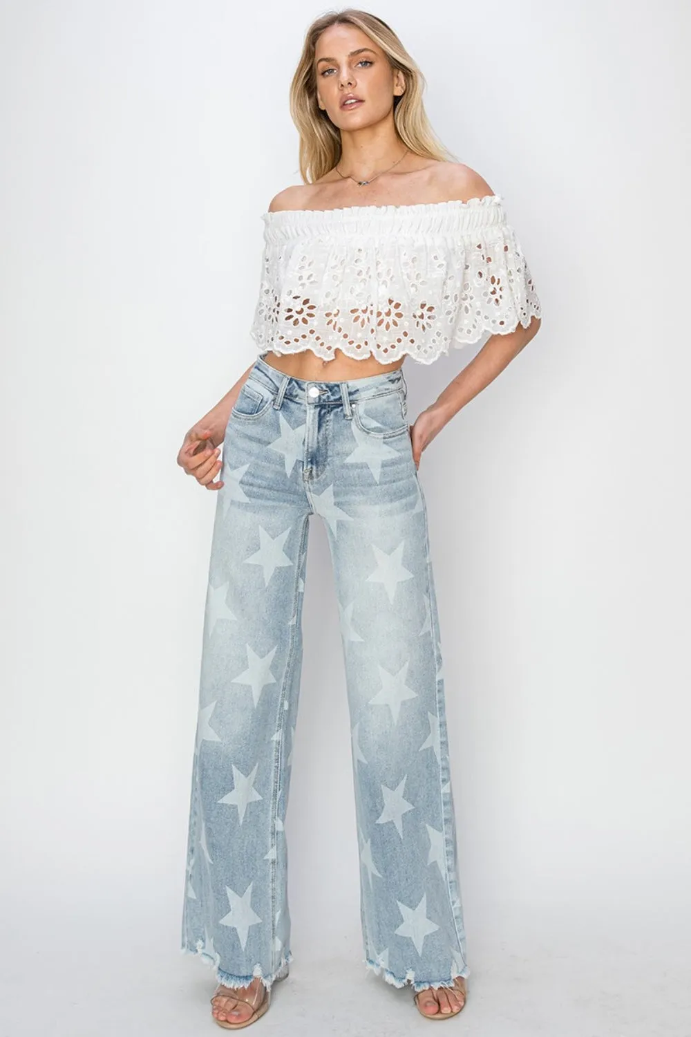 RISEN Plus Size Raw Hem Star Wide Leg Jeans