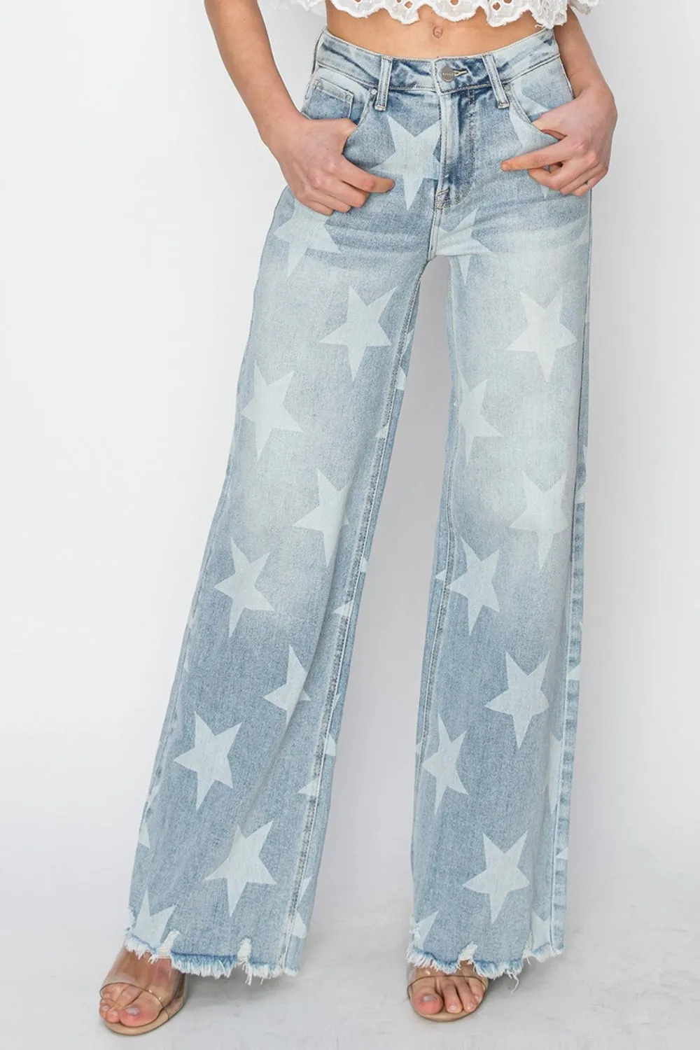 RISEN Plus Size Raw Hem Star Wide Leg Jeans