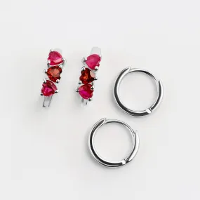 Ruby & Garnet Hoop Earring Set - Tiny Hearts