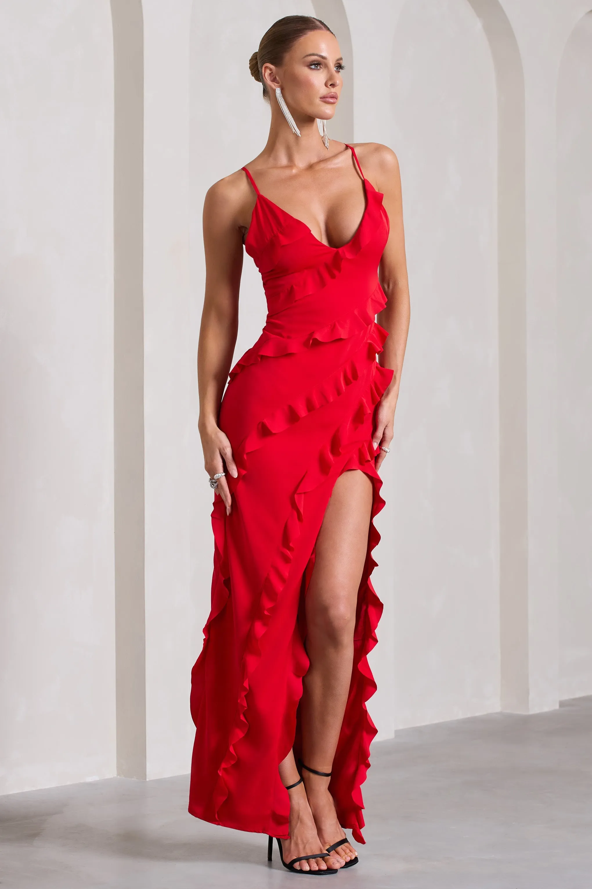 Run The World | Red Plunge Neckline Ruffle Maxi Dress