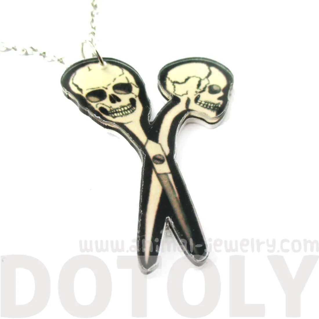 Scissors with Skull Shaped Handle Pendant Necklace in Acrylic | DOTOLY