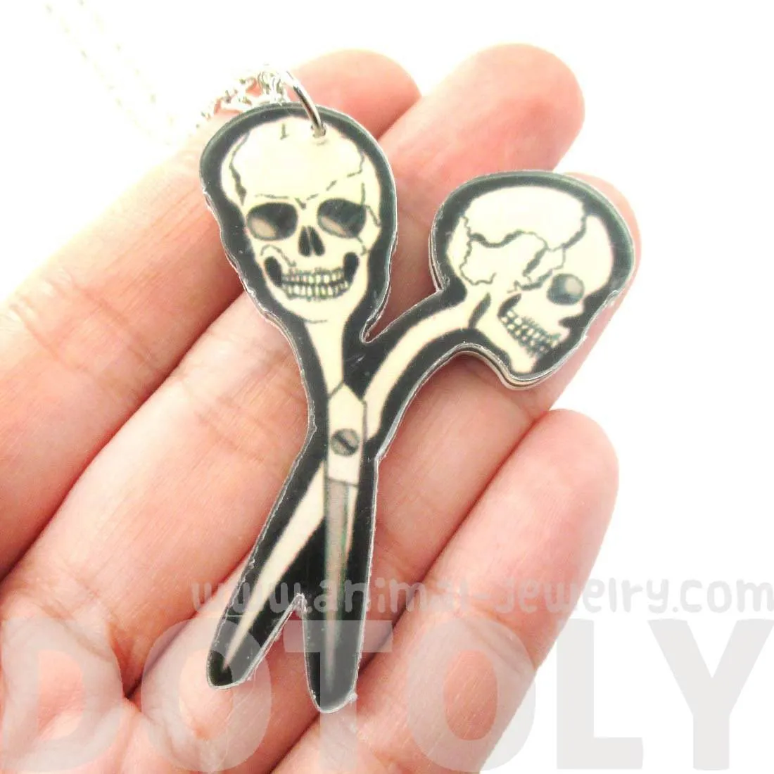 Scissors with Skull Shaped Handle Pendant Necklace in Acrylic | DOTOLY