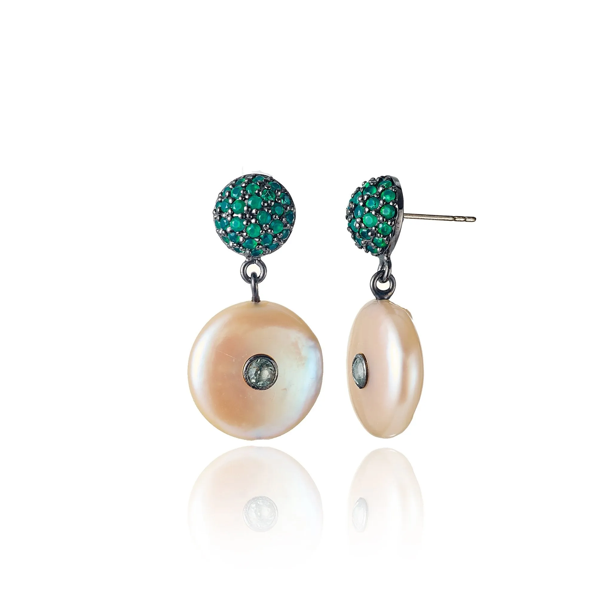 Sterling Silver Statement Earrings with Green Agate, Green Sapphires & Pink Pearl