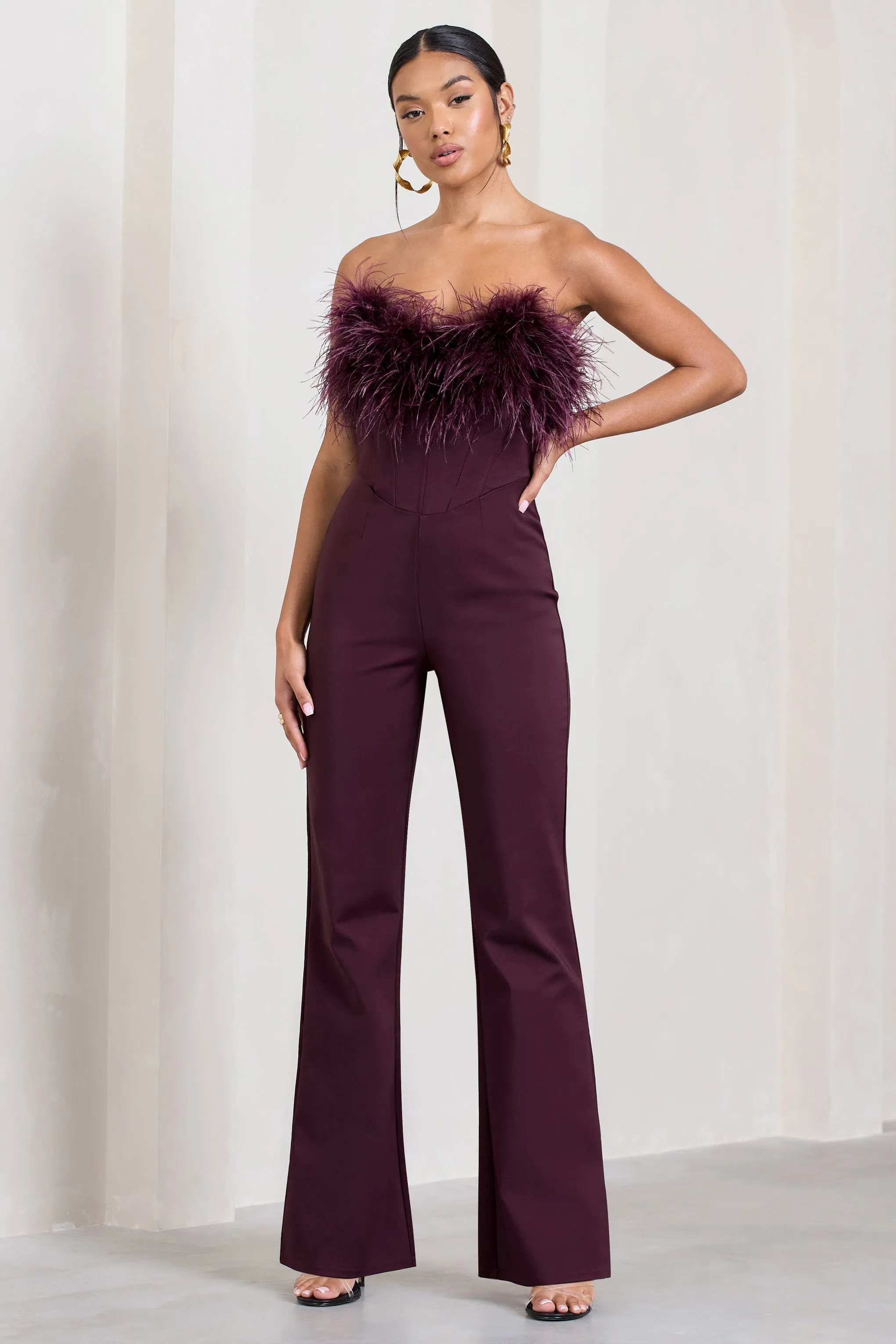 Tessa | Burgundy Shaped Neckline Corset Jumpsuit With Feather Trim Detail