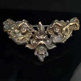 The Madrid - by KERR Antique Dragon Cherub Oversized Brooch Sterling Art Nouveau