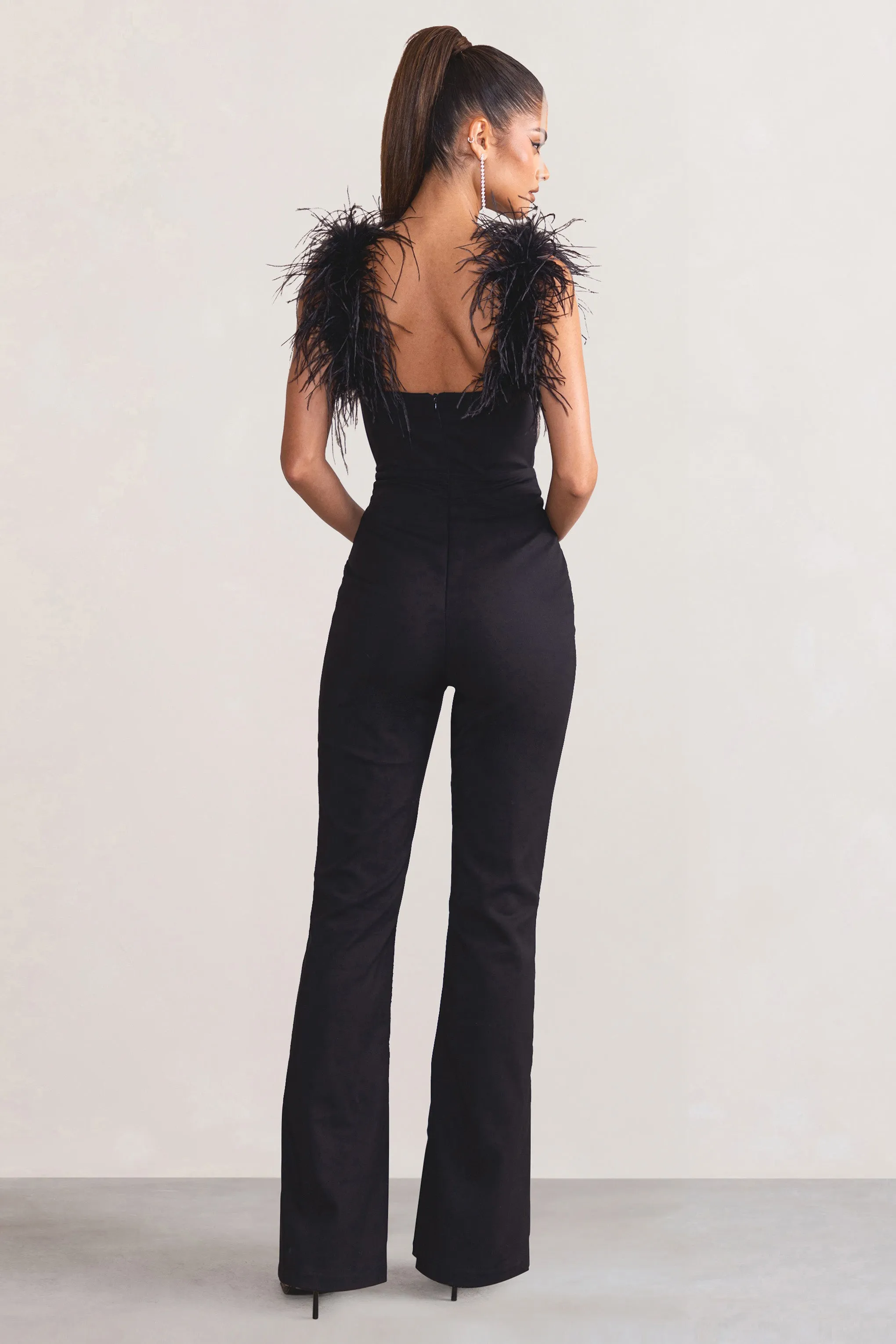 Verity | Black Feather Shoulder Corset Style Jumpsuit