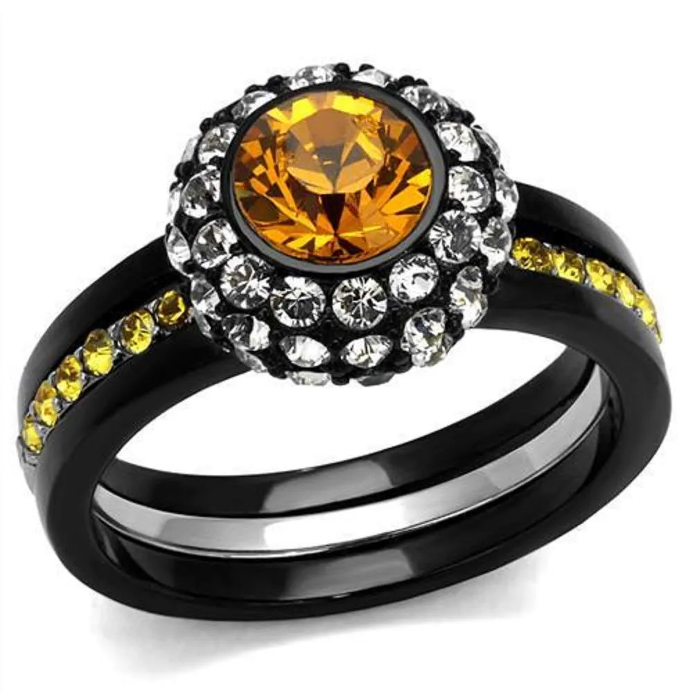 WildKlass Stainless Steel Ring Two-Tone IP Black Women Top Grade Crystal Topaz