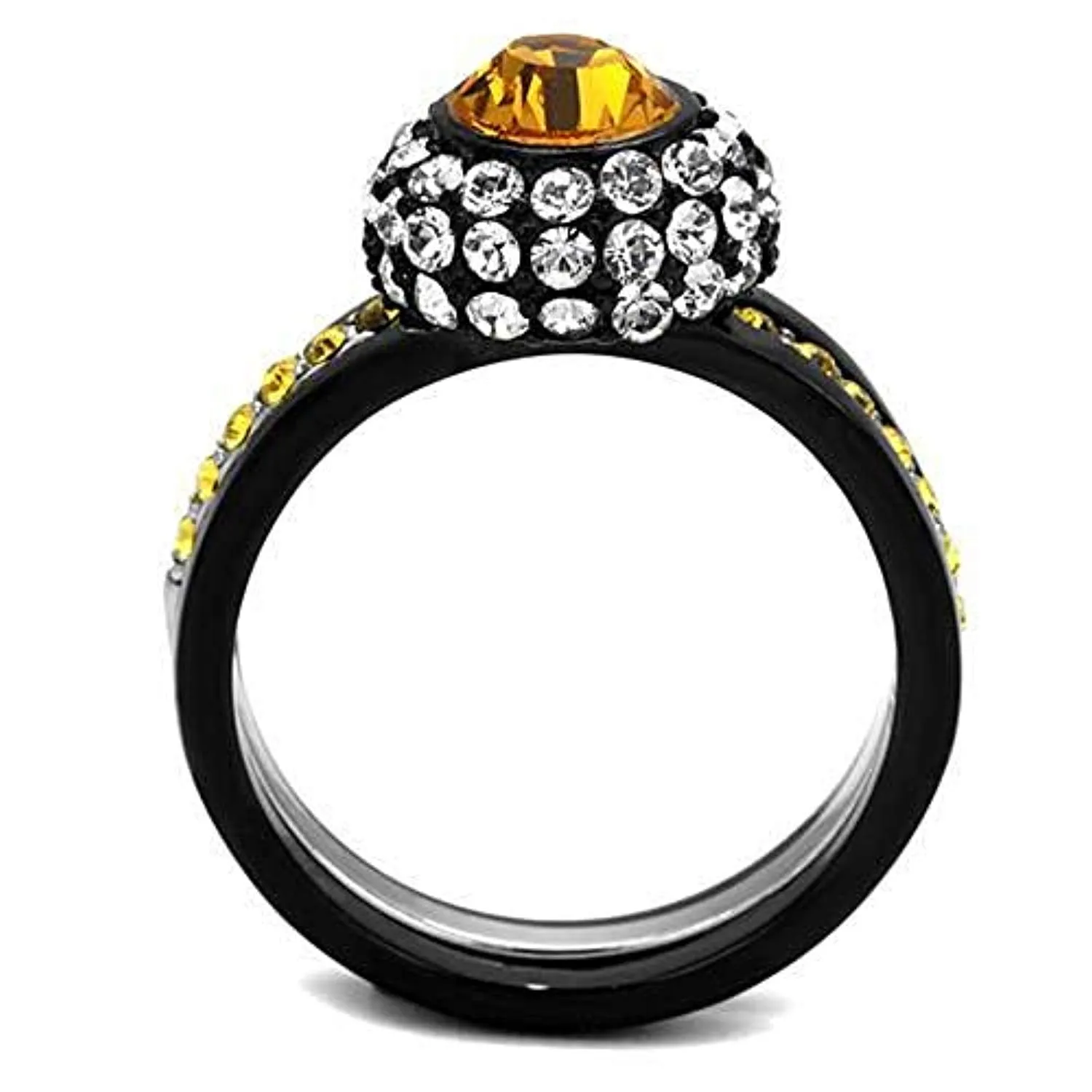 WildKlass Stainless Steel Ring Two-Tone IP Black Women Top Grade Crystal Topaz