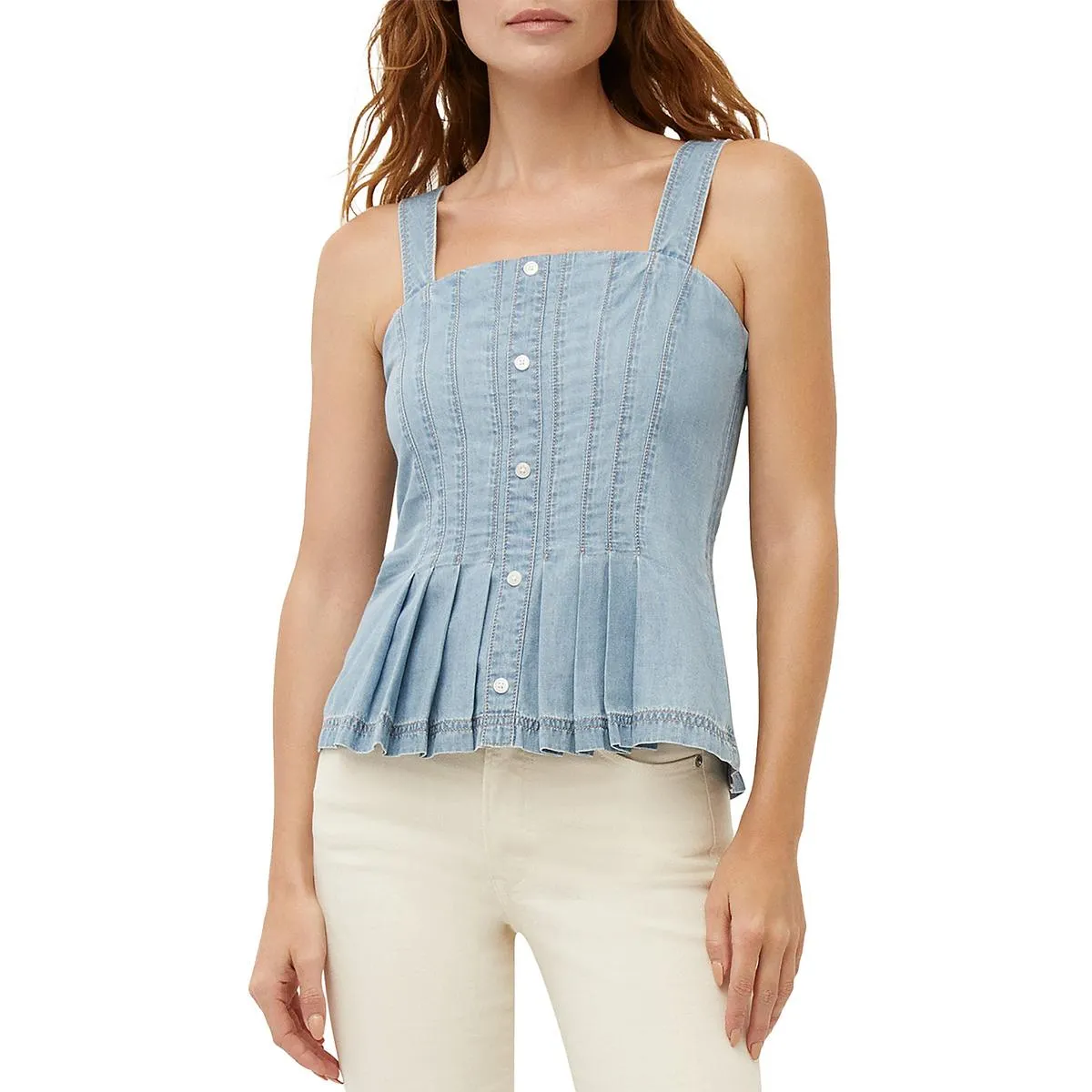 Womens Front Button Pintuck Peplum Top