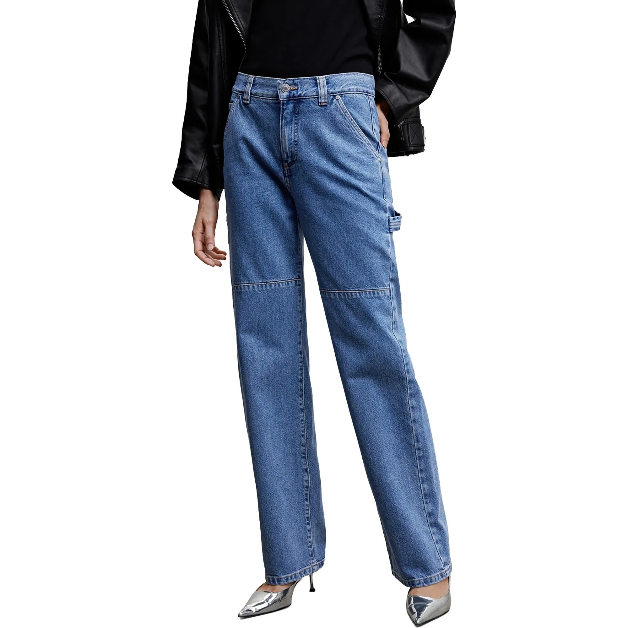 Womens High Rise Medium Wash Cargo Jeans