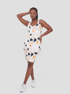 Zoya Essentials Midi Bodycon - White / Mustard Geometric Print